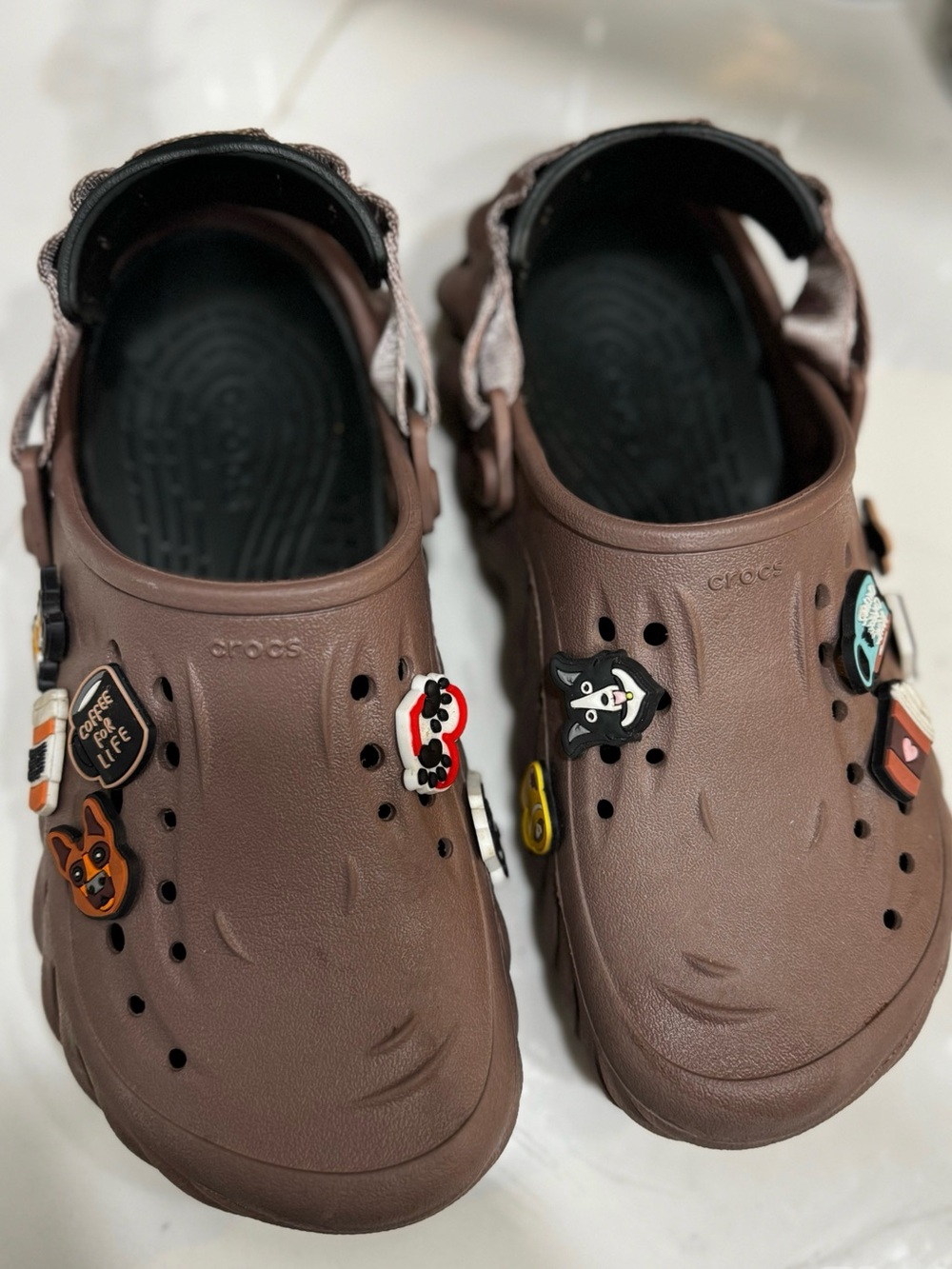 CROCS Brown Classic Clogs with Decorative Jibbitz Charms